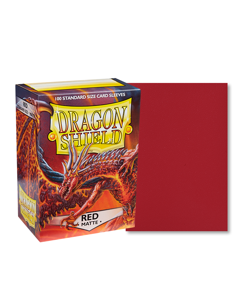 Dragon Shield 100ct Box - Matte Red - Matte red Dragon Shield card sleeves with 100-count box featuring dragon artwork and bold text.