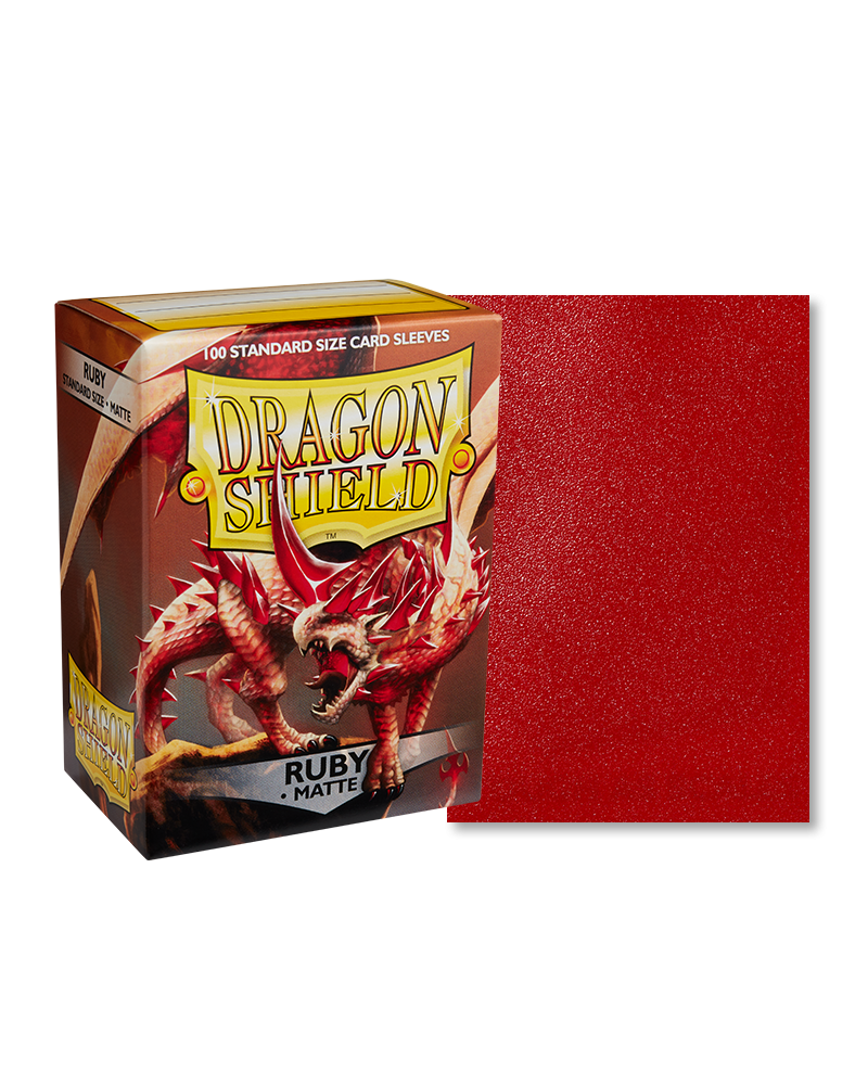 Dragon Shield 100ct Box - Matte Ruby - Box of Dragon Shield 100 matte ruby red card sleeves with red textured sleeve background.