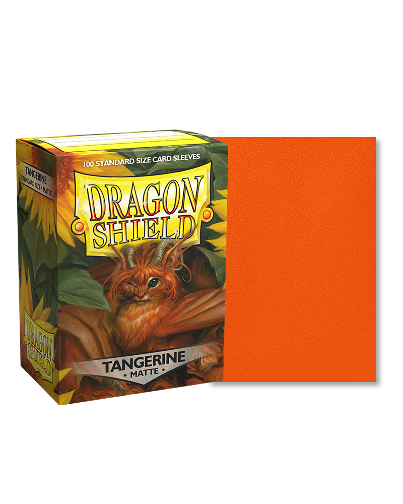 Dragon Shield 100ct Box - Matte Tangerine - Box of Dragon Shield card sleeves with matte tangerine color displayed beside it.