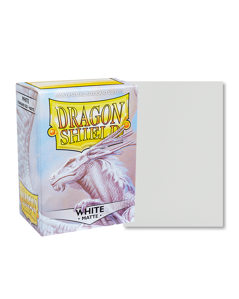 Dragon Shield 100ct Box - Matte White - Dragon Shield 100ct box of matte white card sleeves with dragon artwork on packaging.