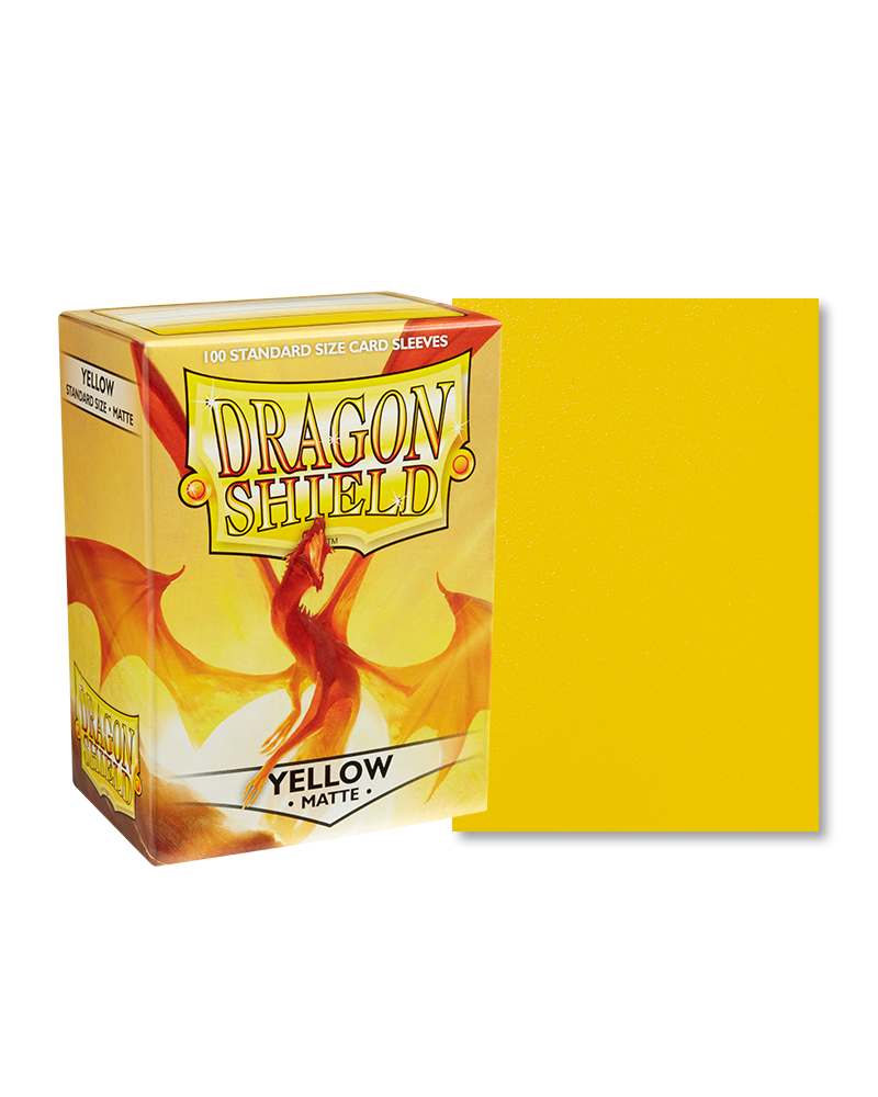Dragon Shield 100ct Box - Matte Yellow - Dragon Shield 100ct box of matte yellow card sleeves with stylized dragon artwork on packaging.