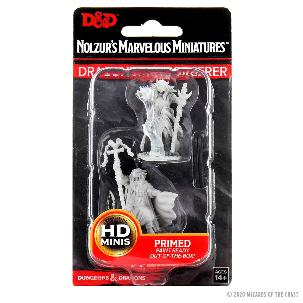 D&D Nolzur's Marvelous Miniatures: Female Dragonborn Sorcerer - Unpainted plastic miniature set featuring a female dragonborn sorcerer with flowing robes and a raised staff, packaged in a.