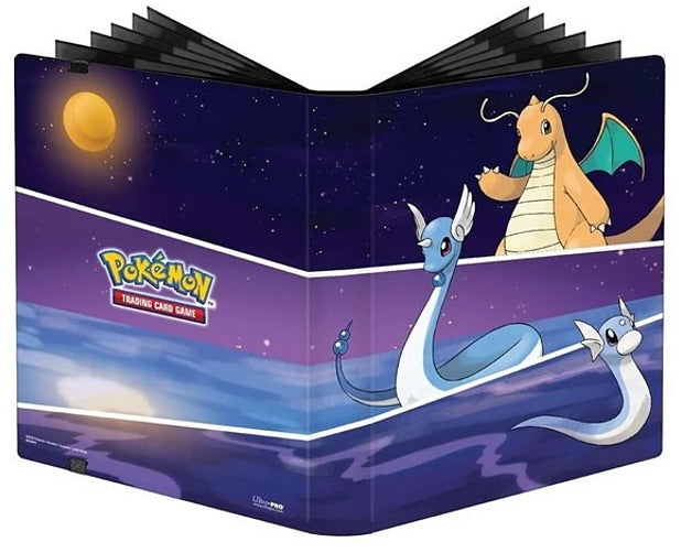 Ultra Pro Pokémon 9-Pocket Portfolio - Starry Dragonite (PREORDER) - Black 9-pocket card binder featuring Dragonite and two Dragonair under a starry night sky with a glowing moon.