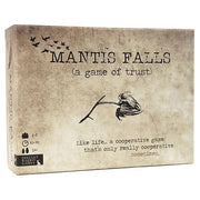 Mantis Falls - Rectangular beige box with black birds, a praying mantis illustration, and distressed text for Mantis Falls cooperative card