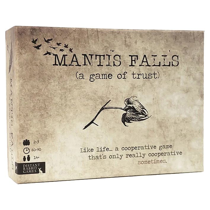Mantis Falls - Rectangular beige box with black birds, a praying mantis illustration, and distressed text for Mantis Falls cooperative card