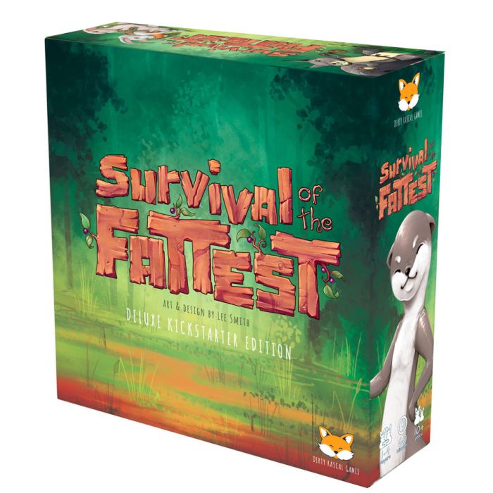 Survival of the Fattest: Deluxe Kickstarter Edition - Green and orange rectangular box for Survival of the Fattest deluxe board game with cartoon bear illustration on the side.