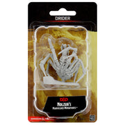 D&D Nolzur's Marvelous Minis: Drider - Unpainted gray plastic miniature of a drider with spider legs and humanoid upper body inside clear blister packaging with.