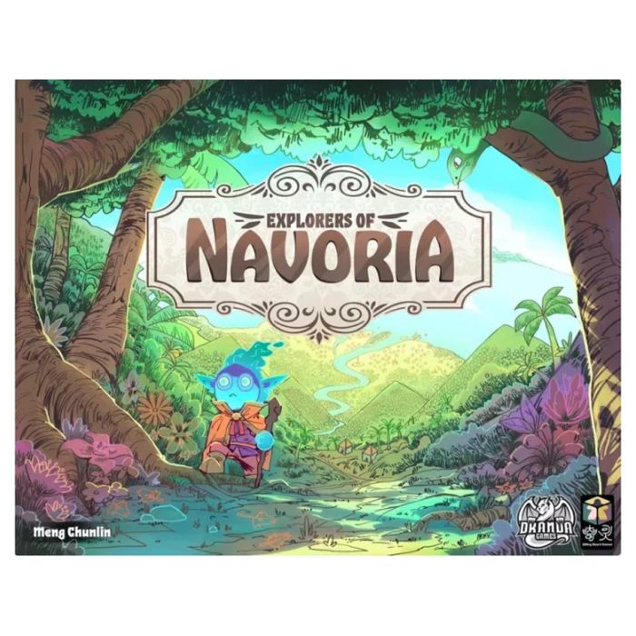 Explorers of Navoria - Colorful board game box featuring a fantasy forest scene with a blue-hooded explorer walking on a path under tall trees.