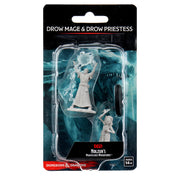 D&D Nolzur's Marvelous Miniatures: Drow Mage & Drow Priestess - Unpainted gray resin miniatures of a robed female drow mage casting a spell and a smaller drow priestess holding a staff,.