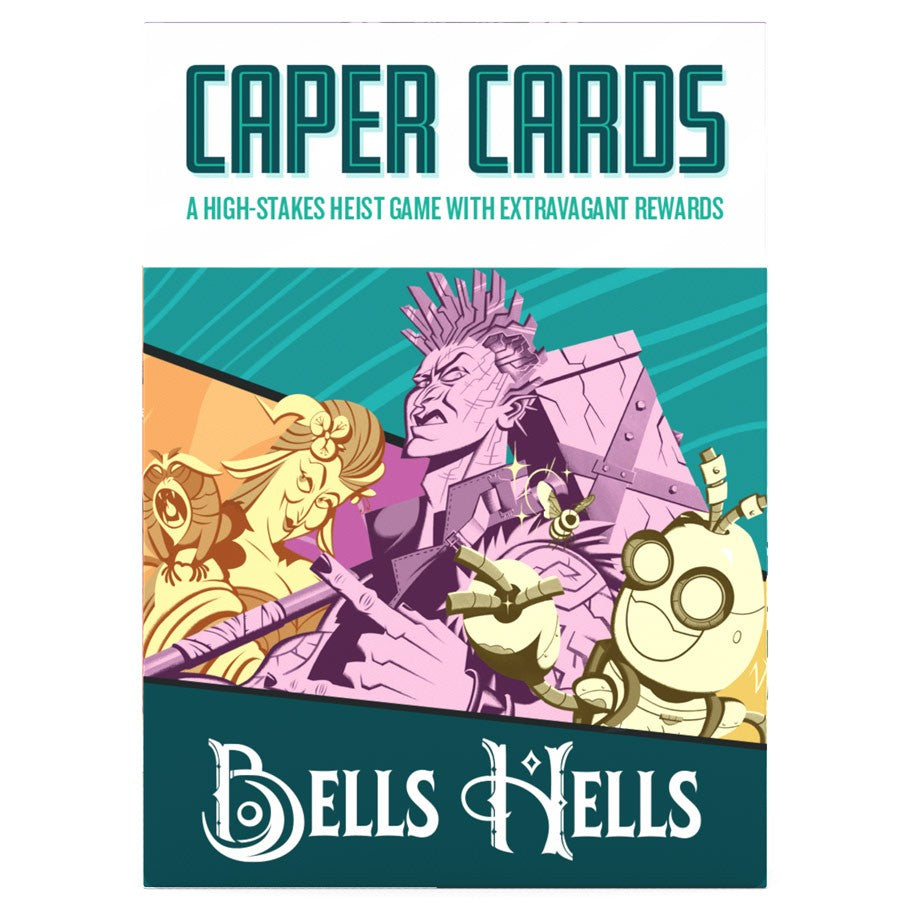 Caper Cards: Bells Hells - Bells Hells game box featuring stylized purple and yellow cartoon characters on teal background with bold text.