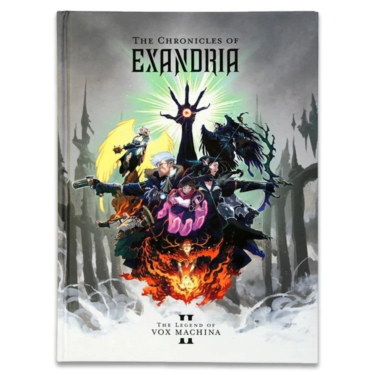 The Chronicles of Exandria Vol II: The Legend of Vox Machina - Hardcover book with fantasy illustration featuring five characters around a glowing hand symbol, set against a misty forest.