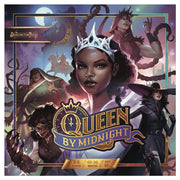 Queen by Midnight - Card game box featuring a dark-skinned queen with a silver crown, surrounded by mystical characters under a moonlit sky.