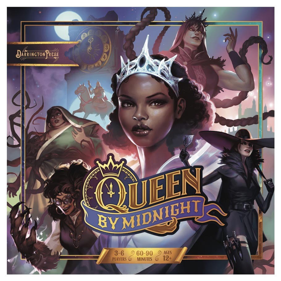Queen by Midnight - Card game box featuring a dark-skinned queen with a silver crown, surrounded by mystical characters under a moonlit sky.