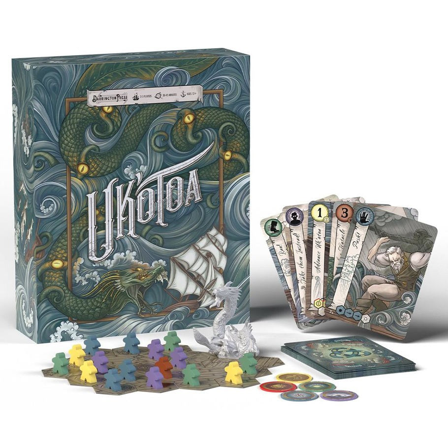 Uk'otoa - Uk'otoa cooperative board game with a dark green nautical-themed box, colorful wooden player figures, illustrated cards, and