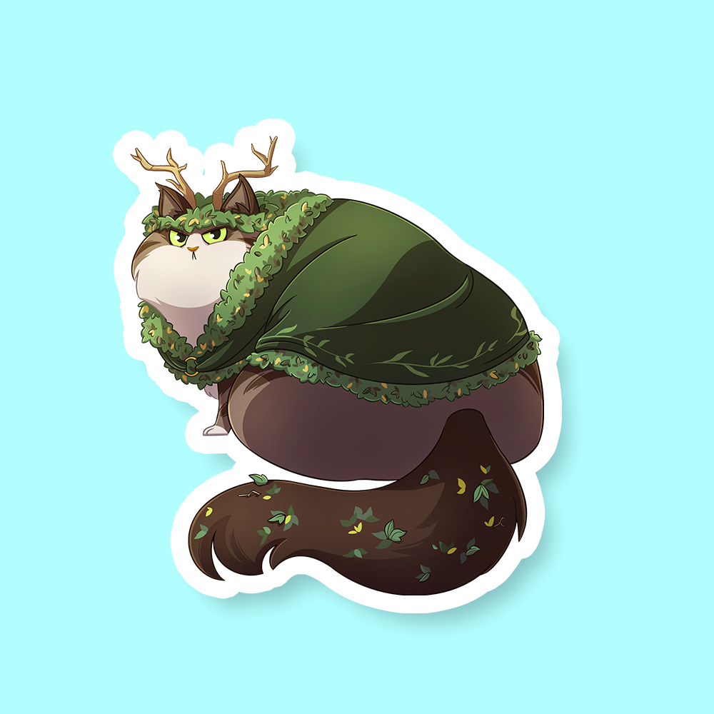 Druid Class D&D Cat Sticker - Chubby cat wearing antler headpiece and green leaf cloak with ivy details sticker.