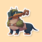 Druid Class D&D Dog Sticker - Cartoon black and tan dachshund dressed as a druid, holding a wooden staff and wearing mossy foliage cloak sticker.