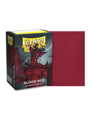 Dragon Shield 100ct Box - Matte Blood Red - Matte blood red card sleeve next to Dragon Shield 100ct box with red dragon artwork.