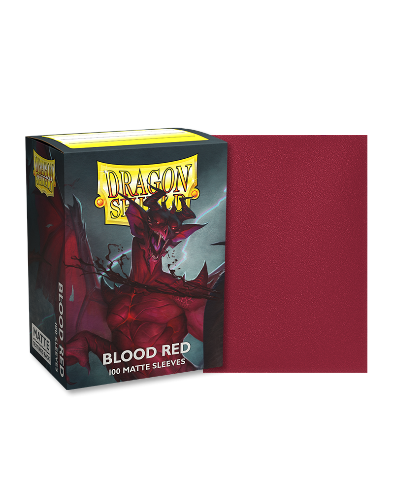 Dragon Shield 100ct Box - Matte Blood Red - Matte blood red card sleeve next to Dragon Shield 100ct box with red dragon artwork.