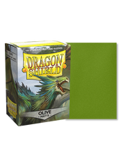 Dragon Shield 100ct Box - Matte Olive - Dragon Shield 100ct box with dragon artwork and matte olive green card sleeves displayed side by side.
