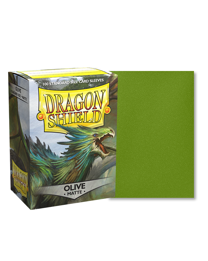 Dragon Shield 100ct Box - Matte Olive - Dragon Shield 100ct box with dragon artwork and matte olive green card sleeves displayed side by side.