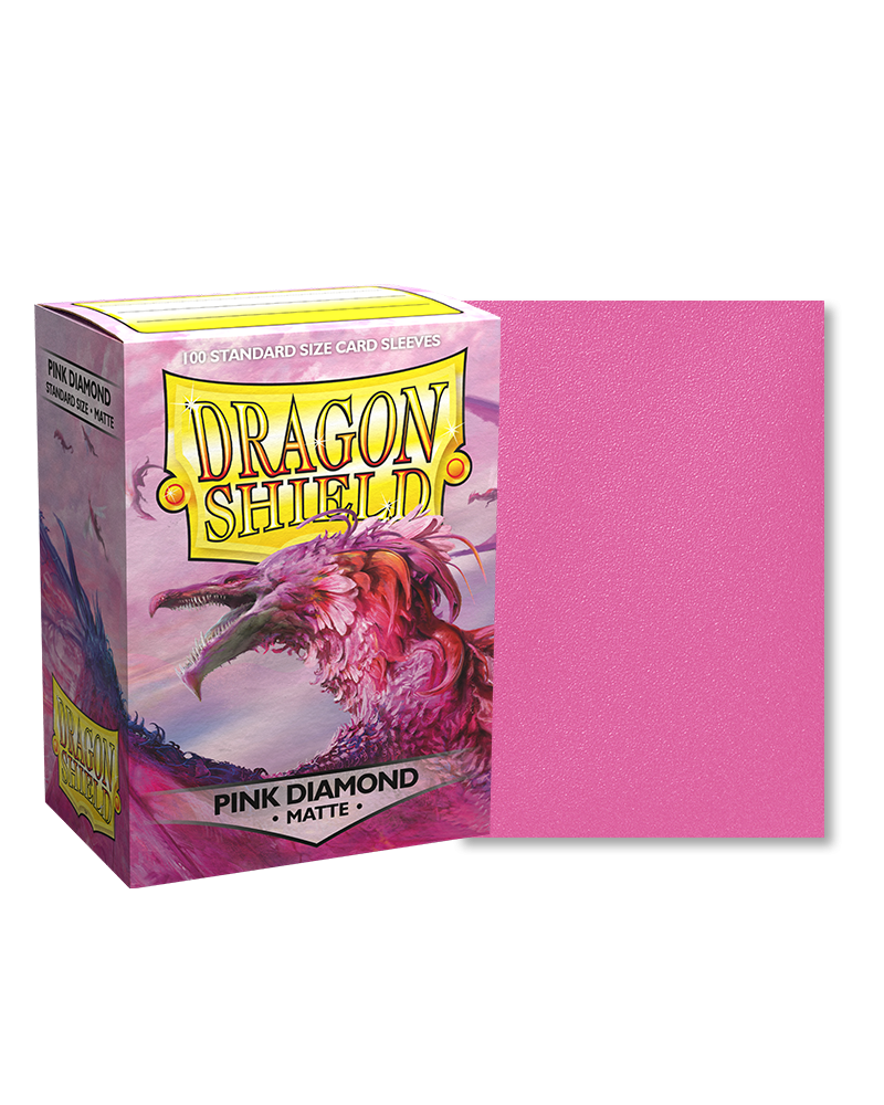 Dragon Shield 100ct Box - Matte Pink Diamond - Box of Dragon Shield 100ct matte pink diamond card sleeves with one sleeve shown upright.