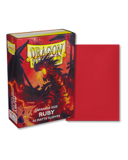 Dragon Shield Japanese Size 60ct Box - Matte Ruby - Dragon Shield Japanese Size card sleeves box with fiery red dragon artwork and a single matte ruby red sleeve displayed.