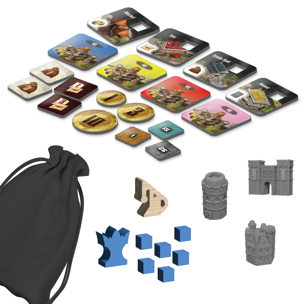 Dungeons & Dragons: Builders of Baldur's Gate - Builders of Baldur's Gate including colorful character cards, wooden tokens, blue resource cubes, gray castle wall and.