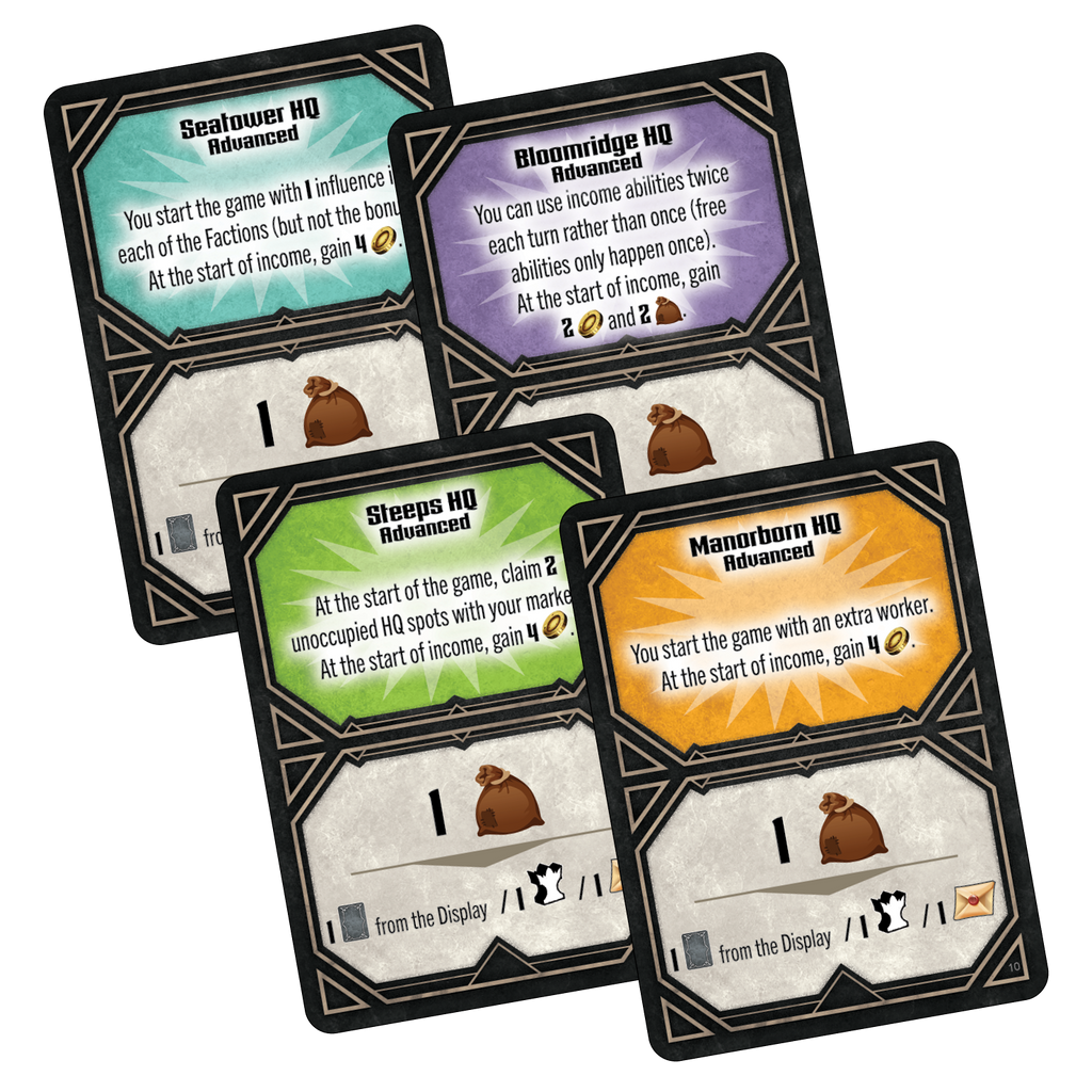 Dungeons & Dragons: Builders of Baldur's Gate - Builders of Baldur's Gate, each with a distinct colored header and fantasy-style border showcasing different headquarters.
