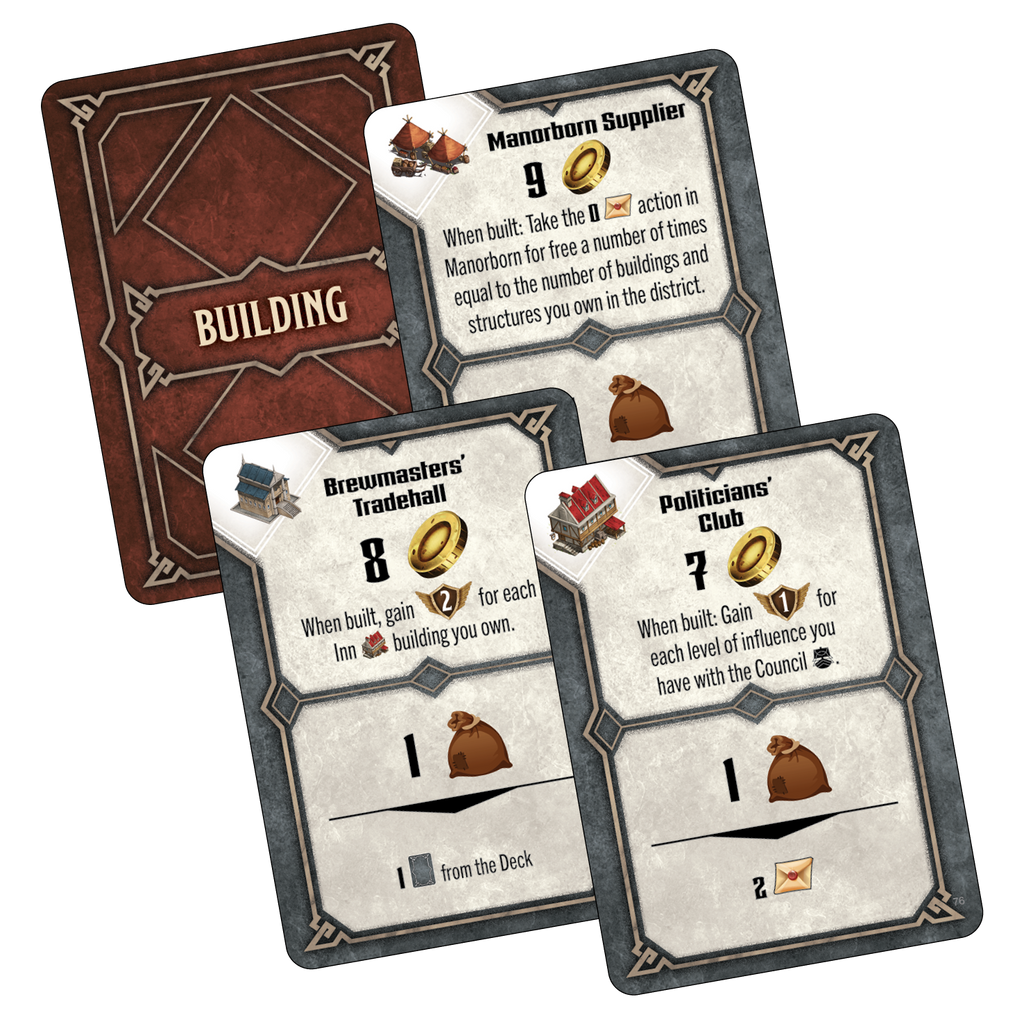 Dungeons & Dragons: Builders of Baldur's Gate - Three Dungeons & Dragons-themed game cards with beige parchment background and dark borders, featuring icons, text, and.