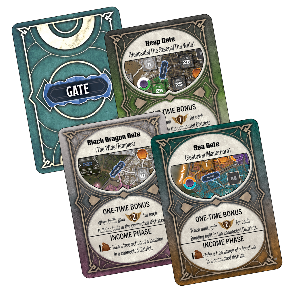 Dungeons & Dragons: Builders of Baldur's Gate - Four illustrated rectangular game cards with fantasy-themed gate designs, featuring icons, text, and distinct color borders.