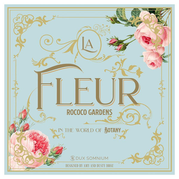 La Fleur - Pastel blue square game box with gold ornate lettering and pink rose illustrations on corners.