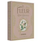 La Fleur: Rose Rococo Expansion - Rectangular game expansion box in soft pink with gold ornate floral border and central illustration of delicate white and.