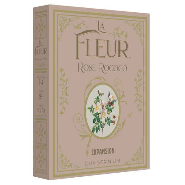 La Fleur: Rose Rococo Expansion - Rectangular game expansion box in soft pink with gold ornate floral border and central illustration of delicate white and.