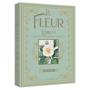 La Fleur: L’Orient Expansion - Light blue box with gold ornate border and lettering, featuring a white flower illustration in the center, labeled La Fleur.