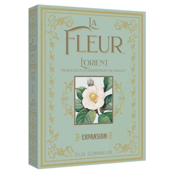 La Fleur: L’Orient Expansion - Light blue box with gold ornate border and lettering, featuring a white flower illustration in the center, labeled La Fleur.