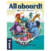 All Aboard! - Colorful book cover featuring playful cartoon animals—elephant, giraffe, monkey, hippopotamus, and snail—riding a spoon boat