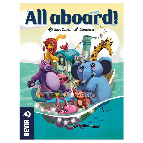 All Aboard! - Colorful book cover featuring playful cartoon animals—elephant, giraffe, monkey, hippopotamus, and snail—riding a spoon boat