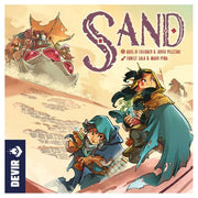 Sand - Colorful board game box art featuring desert warriors riding creatures with sand dunes in the background.