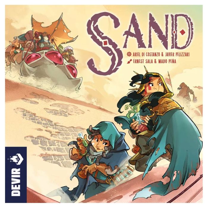 Sand - Colorful board game box art featuring desert warriors riding creatures with sand dunes in the background.
