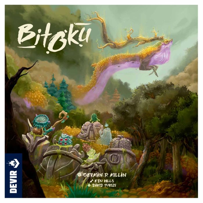 Bitoku - Colorful fantasy-themed board game cover with mystical creatures and ethereal forest scene.
