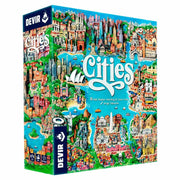 Cities - Colorful board game box featuring vibrant cityscape illustrations with famous landmarks and waterways, titled "Cities" in.