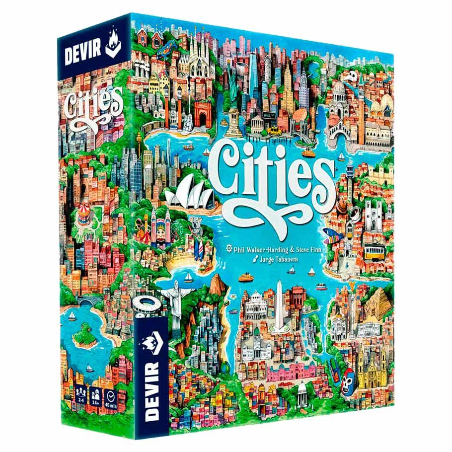 Cities - Colorful board game box featuring vibrant cityscape illustrations with famous landmarks and waterways, titled "Cities" in.