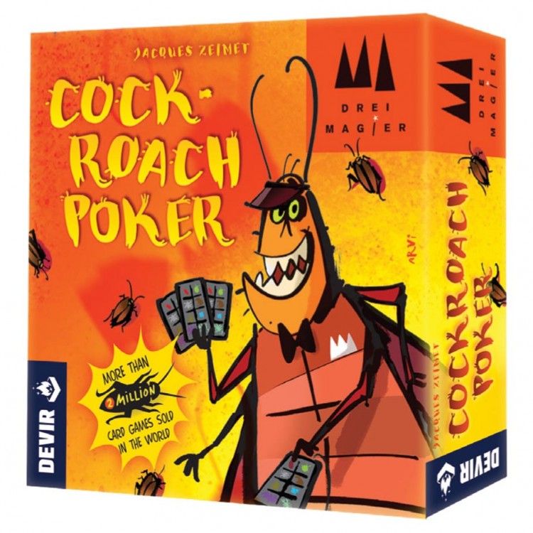 Cockroach Poker - Bright orange box of Cockroach Poker card game featuring a cartoon roach in a bow tie holding cards, with smaller roaches.