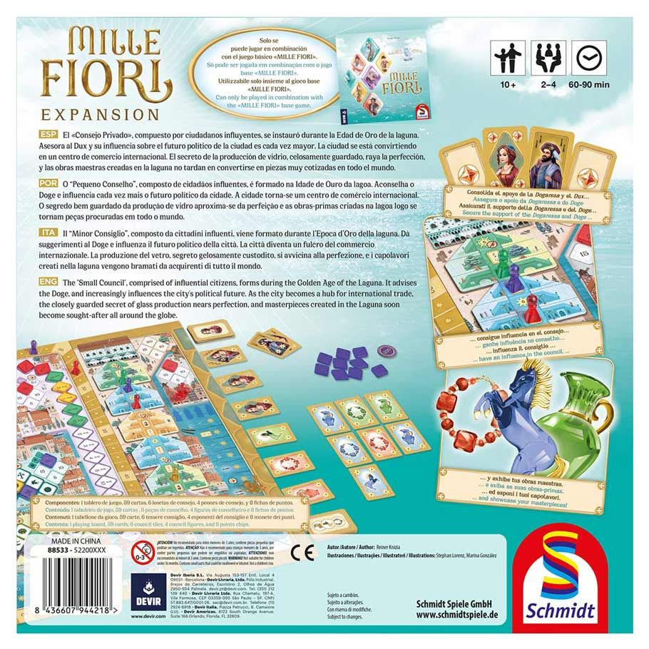 Mille Fiori: The Masterpieces - Board game expansion box with colorful illustrations, game tiles, and character cards on a teal background.