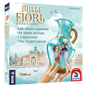 Mille Fiori: The Masterpieces - Mille Fiori expansion box with illustrated Venetian cityscape and hands holding a turquoise glass vase with a man and woman.