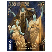 Moirai - MoiraI card game box featuring three mystical blue-skinned figures with flowing robes against a dark, patterned background.