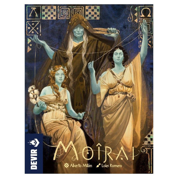 Moirai - MoiraI card game box featuring three mystical blue-skinned figures with flowing robes against a dark, patterned background.