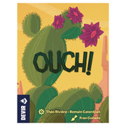 Ouch! - Card game box with green cactus design and purple flowers on yellow background, titled Ouch!