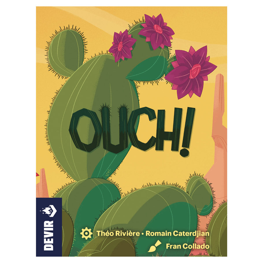 Ouch! - Card game box with green cactus design and purple flowers on yellow background, titled Ouch!