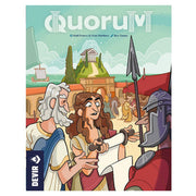 Quorum - Colorful board game box cover featuring ancient Greek-style characters, scroll, spear, and temple background.
